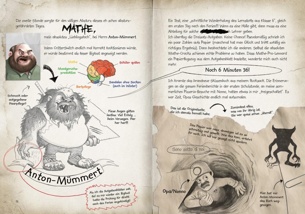 KoboldKroniken: Gedanken im Notizbuch zum Matheunterricht und der Lehrer als Bigfoot gezeichnet