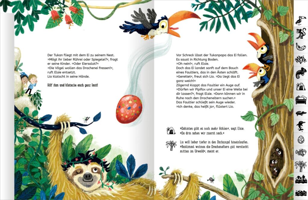 Oh wei, ein Drachenei: Tukan fliegt, ein Ei fällt, ein Faultier öffnet ein Auge, zwei Kinder schauen am Rand wie Tukankinder im Baum