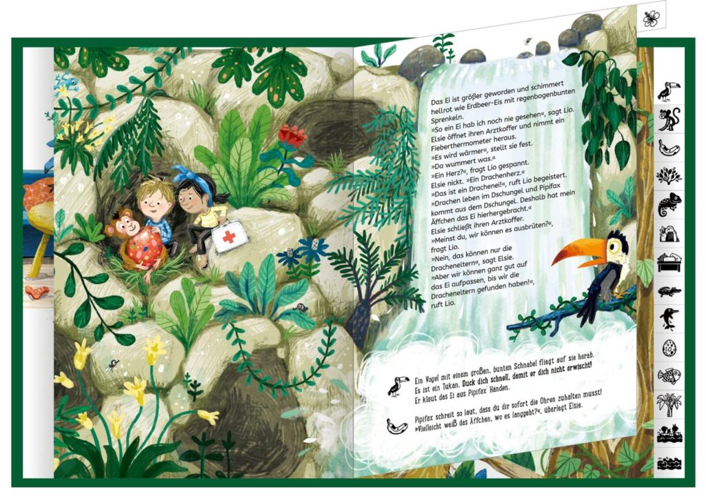 Oh wei, ein Drachenei: Elsie, Lio und Pipifax im Dschungel neben Text
