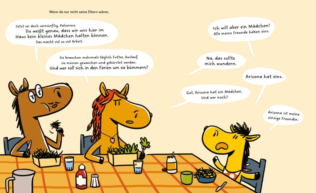 Palomino: Das Pony und seine Eltern reden am Tisch sitzend