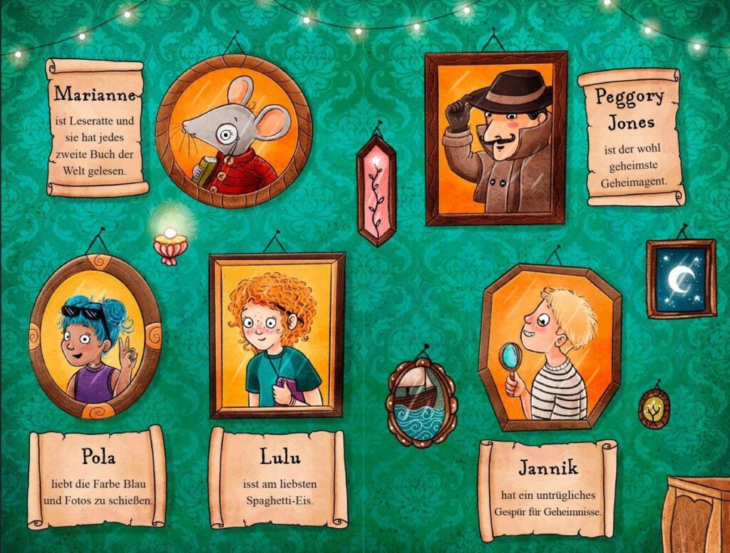 Detektei für magisches Unwesen: Vorstellung und Abbildung von Marianne, Pola, Lulu, Jannik, Peggory Jones