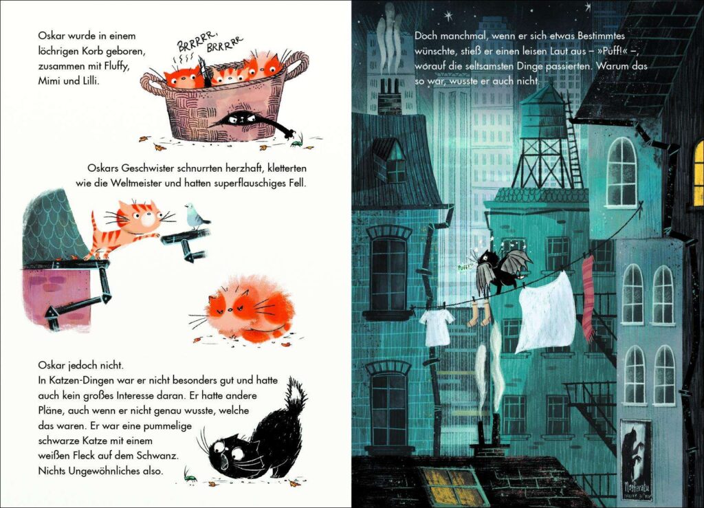 Oskar und Ophelia: Hexenkater Oskar in Aktion neben Text