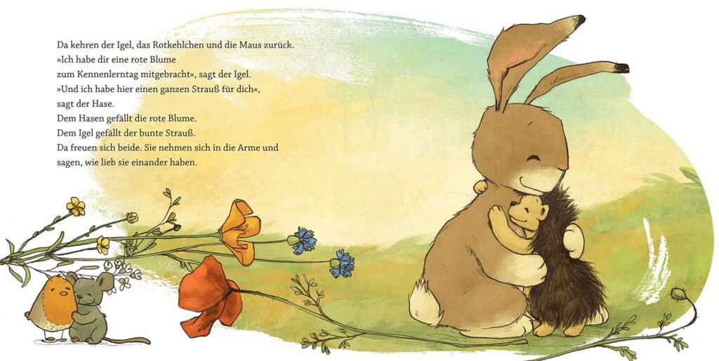 Eine Blume für den Hasen: Neben Text umarmen sich Hase und Igel