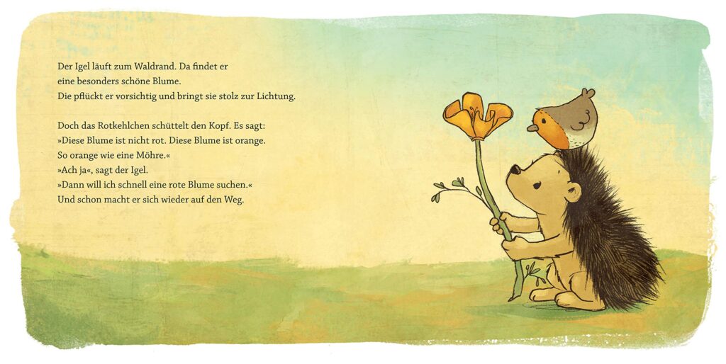 Eine Blume für den Hasen: Neben Text hält Igel eine orange Blume und Rotkehlchen sitzt auf seinem Kopf