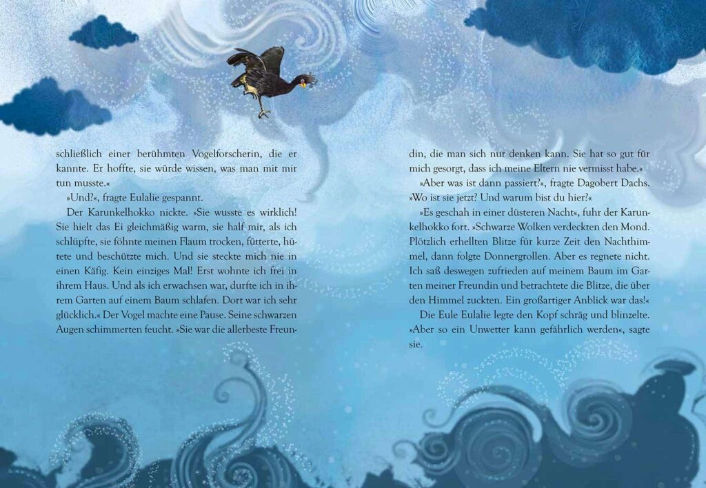 Villa Fauna: Ein schwarzer Vogel an blau-wolkigem Himmel über Text