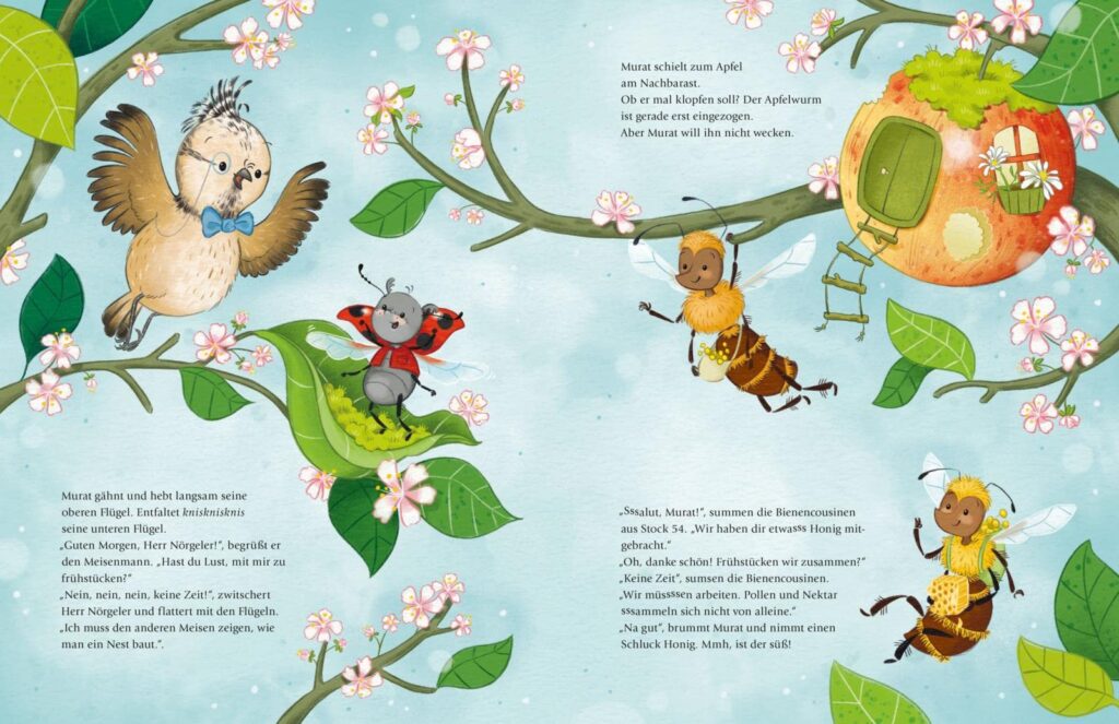 Die Wiesenfreunde: Meisenmann, Marienkäfer, und Bienen im Apfelbaum
