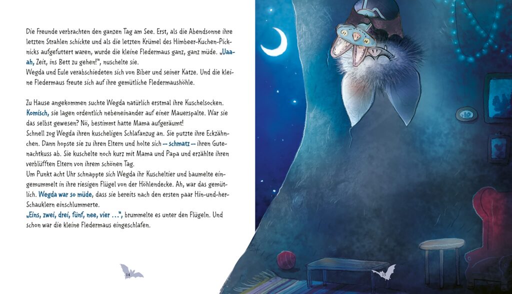 Die kleine Fledermaus Wegda planscht los: Neben Text schlafende Fledermaus