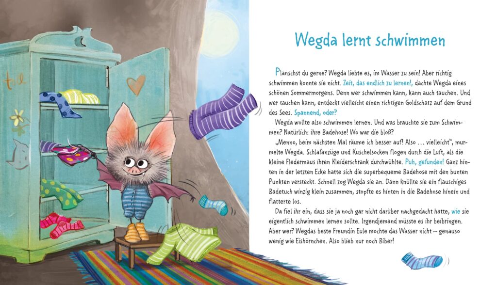 Die kleine Fledermaus Wegda planscht los: Fledermaus räumt den Kleiderschrank neben Text aus