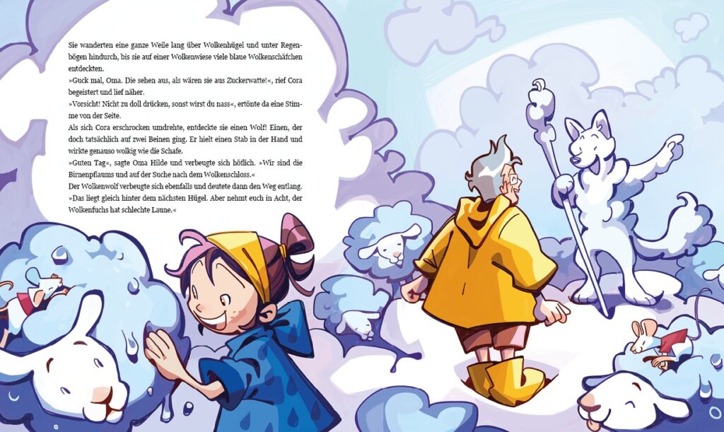 Hildes Regenzauber: Oma Hilde und Enkelin Cora auf einer Wolkenwiese mit Wolkenschäfchen