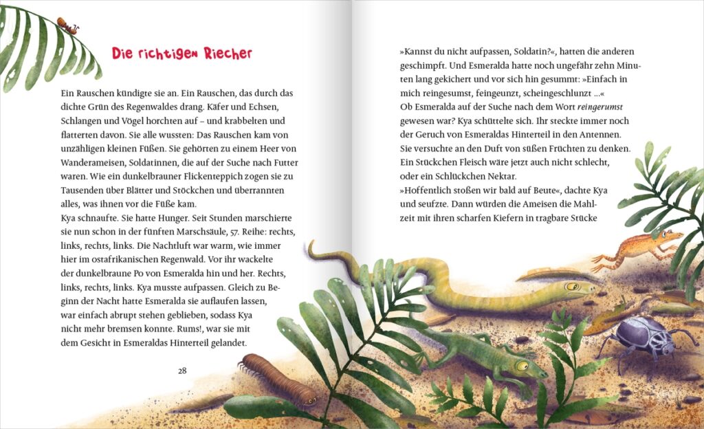 Ist es noch weit?: Käfer, Echse, Schlange und anderes Getier am Regenwaldboden neben Text