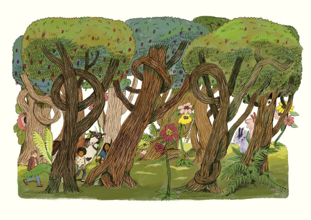 Kami und Mika: 3 Kinder und Pegasus-Kuh im Wald