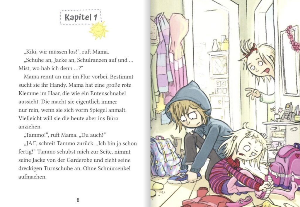 Kiki legt los!: Kapitel 1 mit Text neben Tammo und Kiki beim Anziehen im Flur