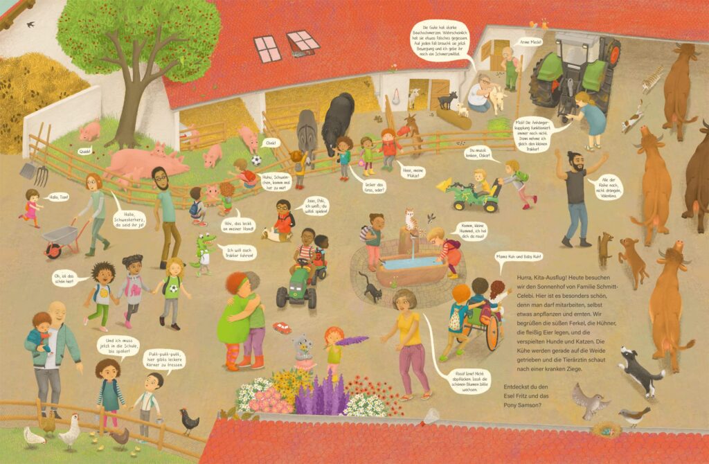 Komm, wir zeigen dir unseren Bauernhof : Wimmelszene mit Tieren und Kindergartenkindern auf dem Hof