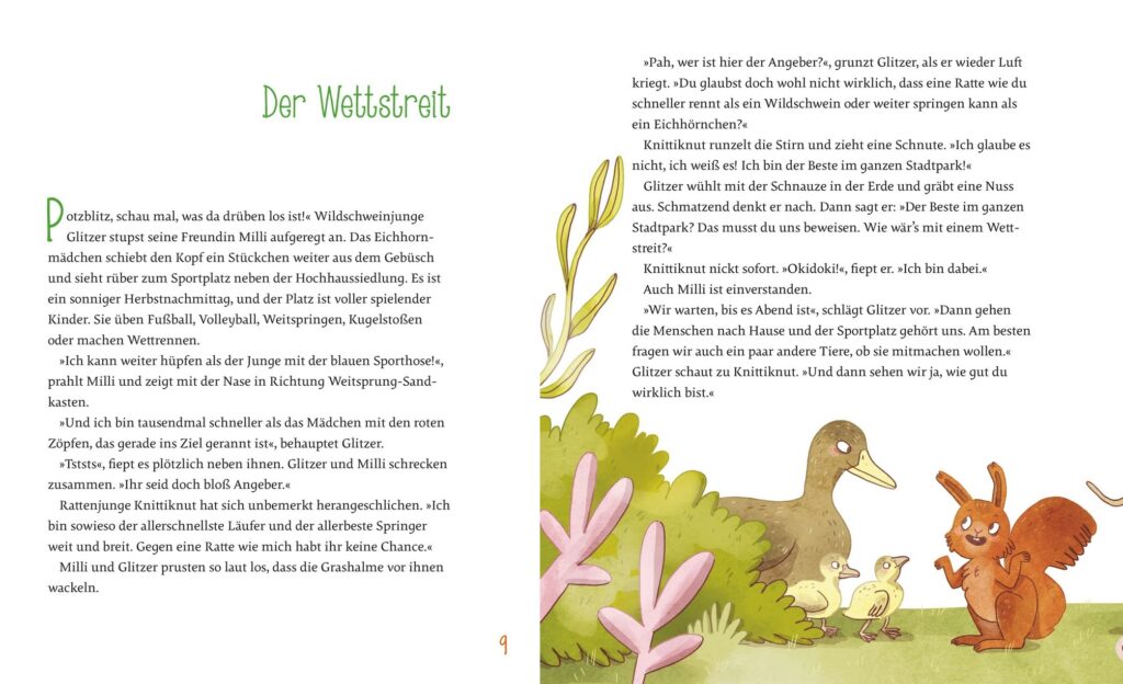 Naturgeschichten aus der Stadt: Eichhörnchen und Ente mir Küken neben Text