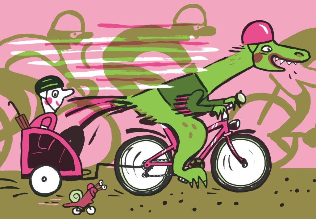 Wilde Radtour mit Velociraptorin: Velociraptorin auf einem Rennrad mit Mensch im Anhänger
