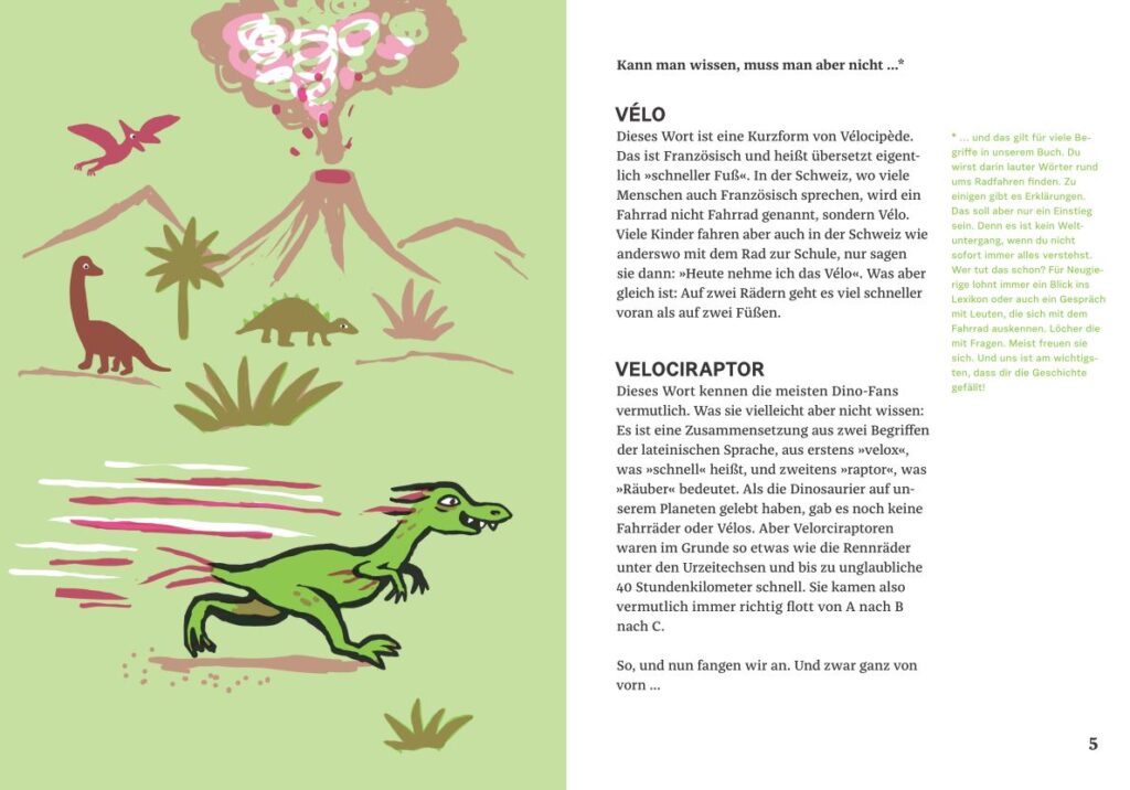 Wilde Radtour mit Velociraptorin: Velo und Velociraptor beschrieben und Dinos abgebildet