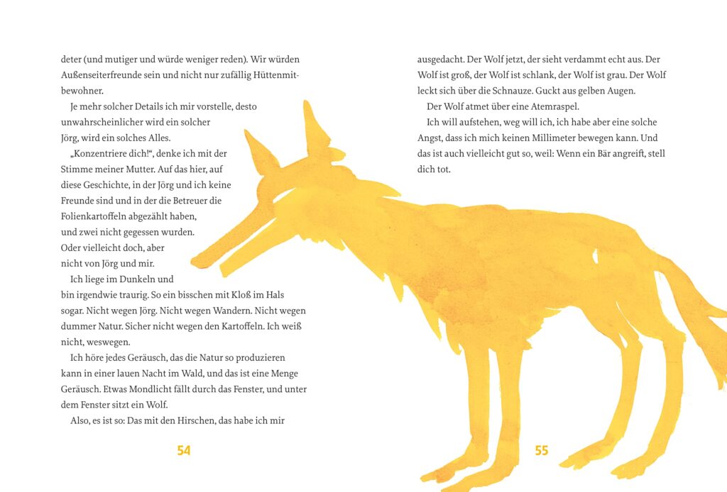 Wolf: Gelber Umriss eines Wolfes im Textfluss