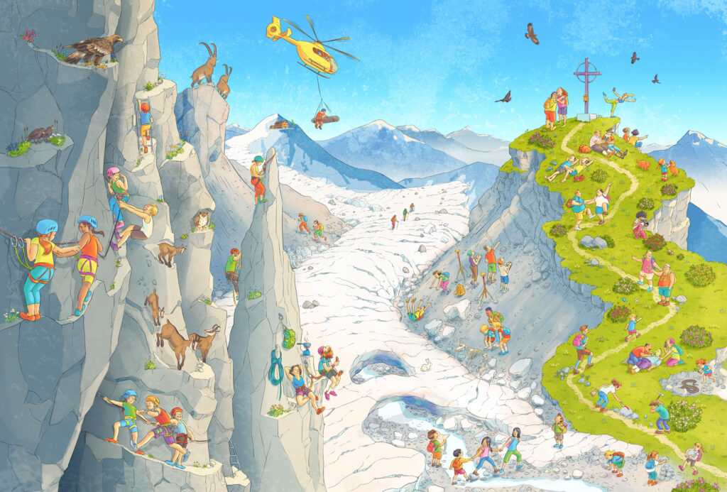 Ab in die Berge: Wimmelbildszene zu den Gipfeln steigen