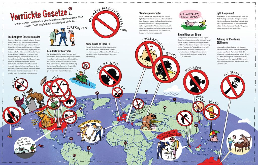 Am Arsch der Welt und andere spannende Orte: Weltkarte mit Verbotsschildern und kurzen Texten zu 