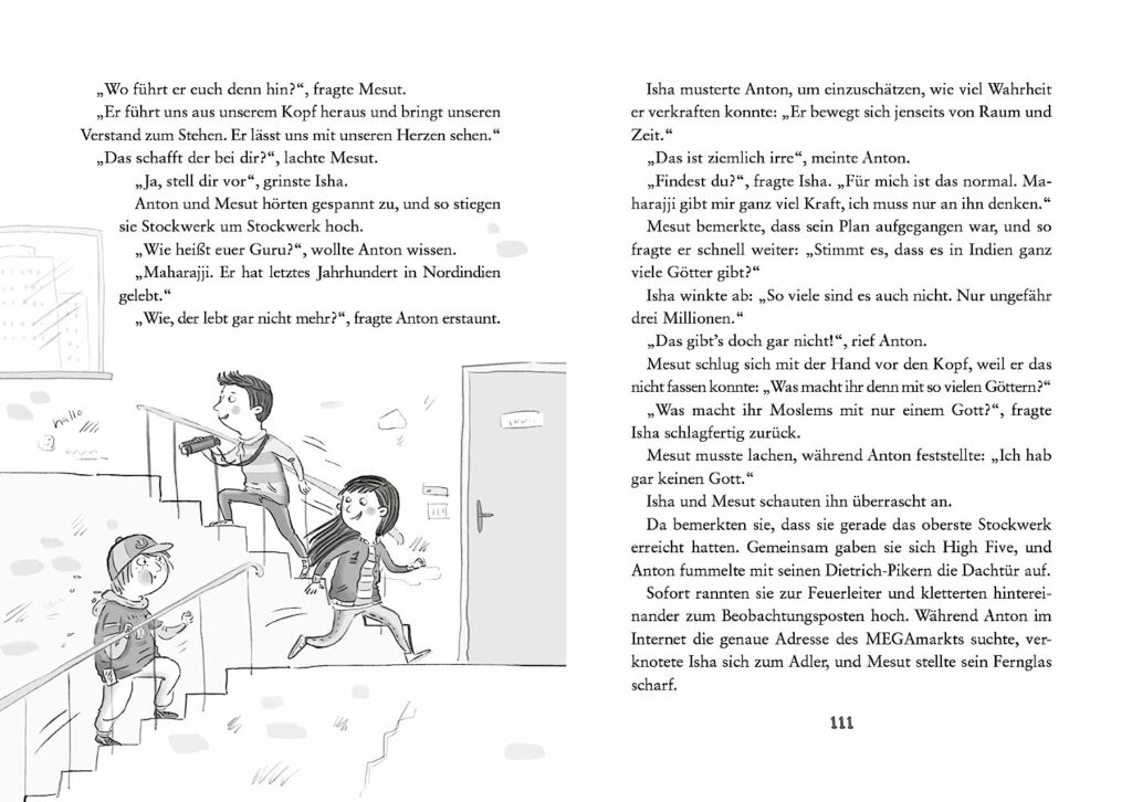 Die Hochhaus-Detektive: Isha, Anton und Mesut beim Treppensteigen neben Text