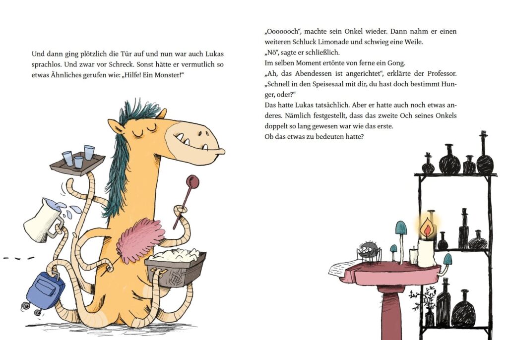 Die Monsterschule: Wieher Pferdeappel mit Gepäck, Wäschekorb, Getränken, Löffel und Staubwedel in seinen Tentakeln in Aktion