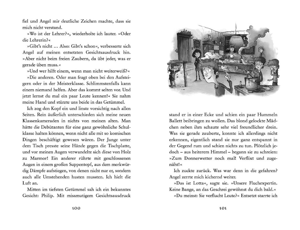 Die Schule der mittelguten Zauberer: Neben Text eine kleine Klassenzimmerszene mit angewandter Magie