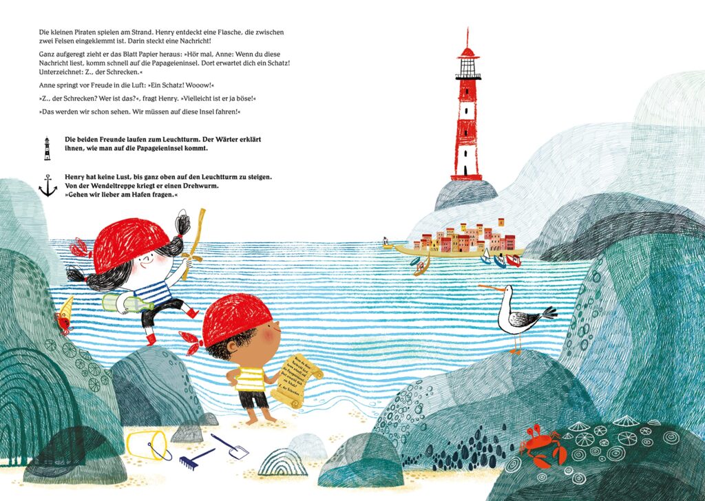 Finde den Piratenschatz!: Anne und Henry als Piraten mit einer Flaschenpost am Strand