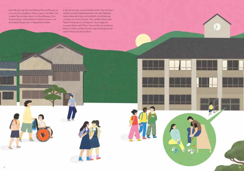 Heute geh ich in die Schule: Gebäude mit diversen Menschen davor in Japan mit Text abgebildet