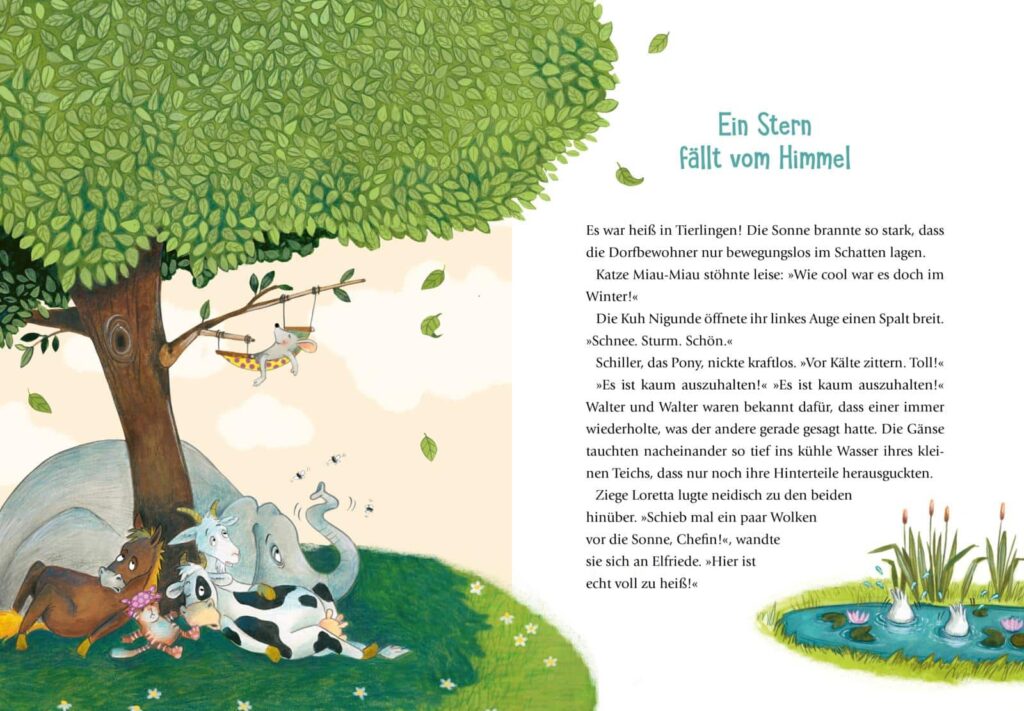 Tierisch klasse!: Katze Miau-Miau, Kuh Nigunde, Pony Schiller, Zige Loretta und Elefantin Elfriede liegen unter einem Baum während die Gänse Walter und Walter im Teich tauchen