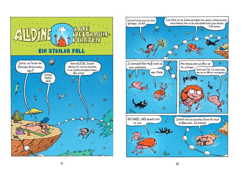Alldine und die Weltraumpiraten: Comicpanels am Rande des Universums schwimmen Drei und ein Kater