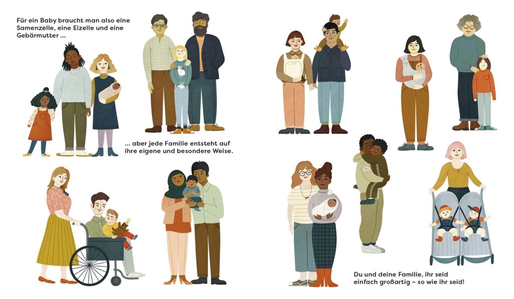 Ein Baby! Wie eine Familie entsteht: Diverse Familienformen nebeneinander abgebildet