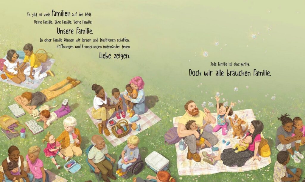 Eine Familie wie unsere: Diverse Familien picknicken mit Decken im Park