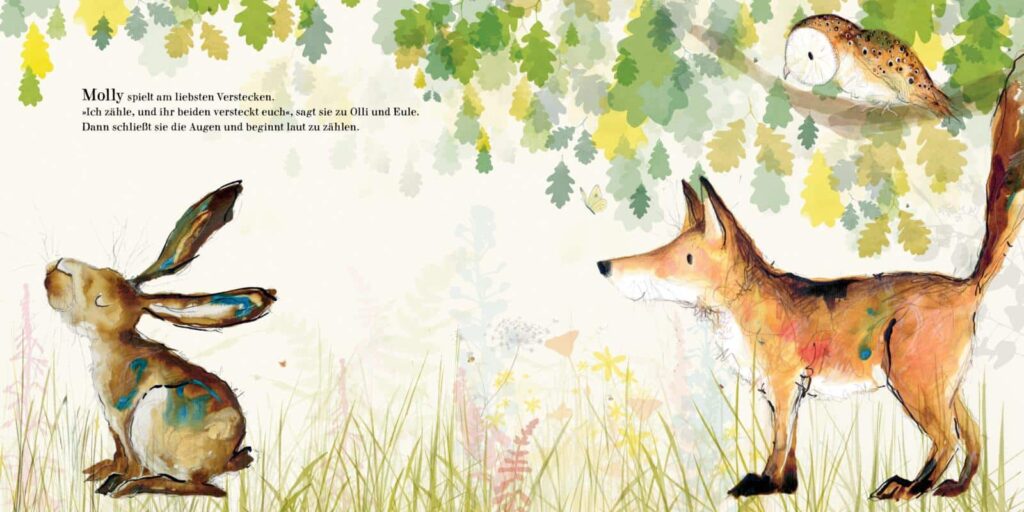 Molly, Olli & Eule: Hasenmädchen Molly, Fuchs Olli und Eule auf einem Ast