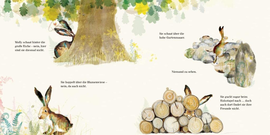 Molly, Olli & Eule: Hasenmädchen Molly hinter einem Baum, über die Gartenmauer schauend, hinter einem Holzstapel und bei der Blumenwiese