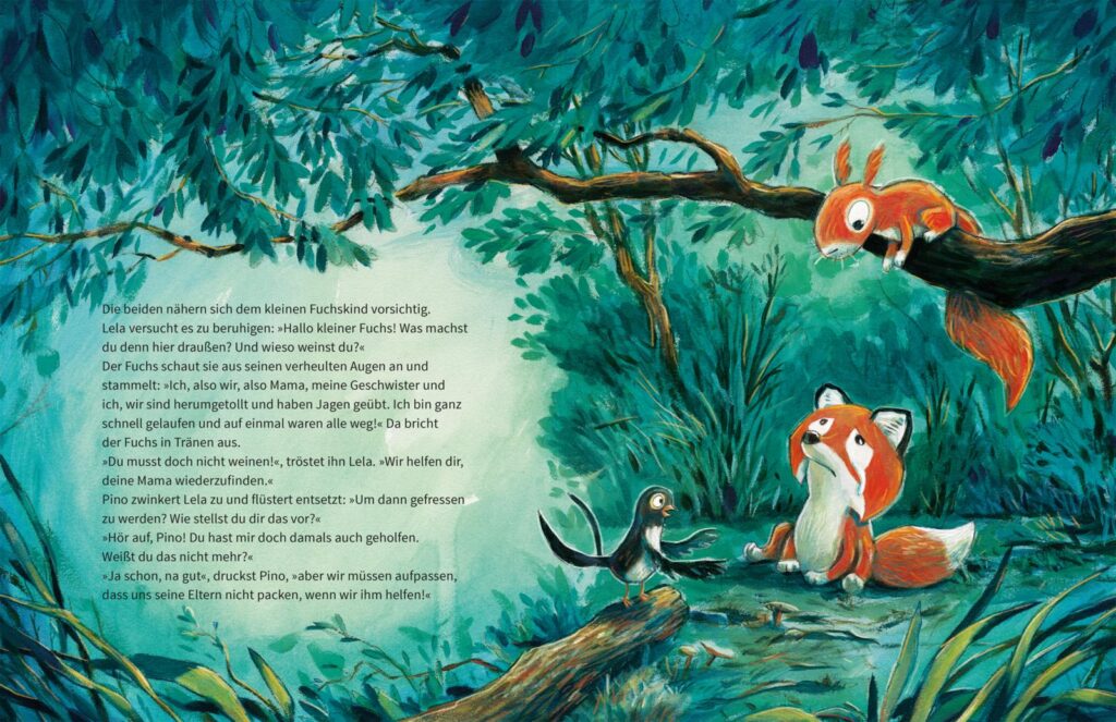 Pino, Lela und der kleine Fuchs: Schwalbe Lela und Eichhörnchen Pino bei einem traurigen Fuchskind