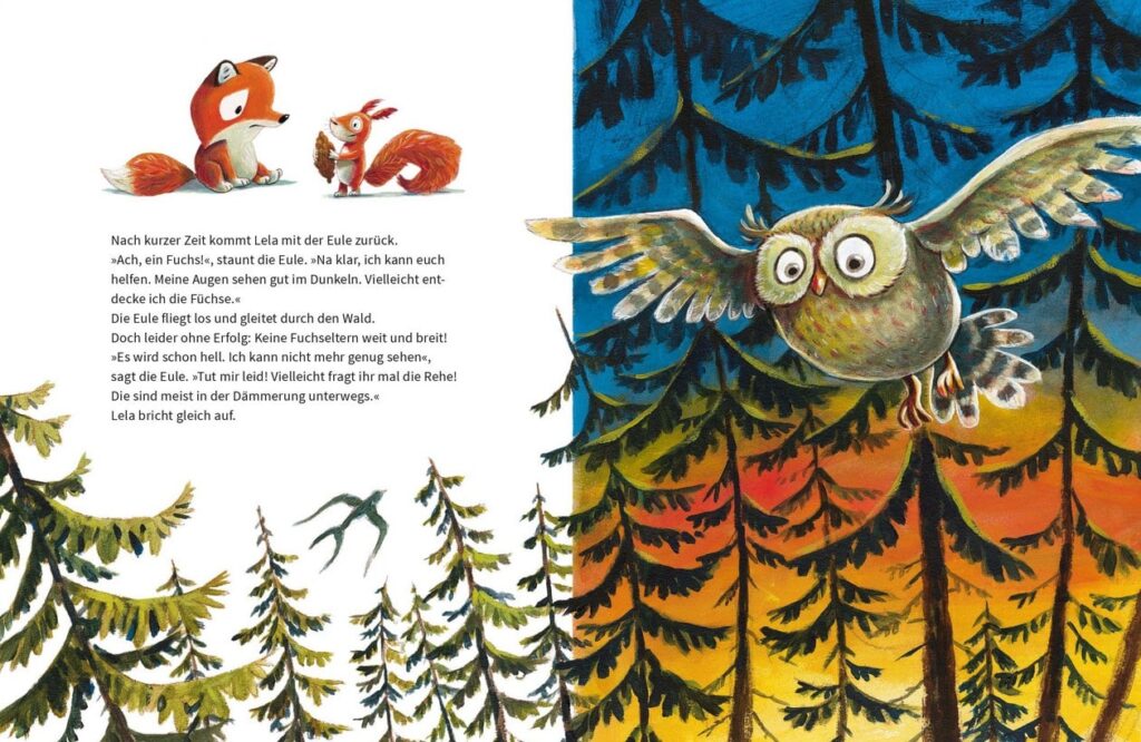 Pino, Lela und der kleine Fuchs: Eichhörnchen, junger Fuchs und zwischen Bäumen anfliegende Eule