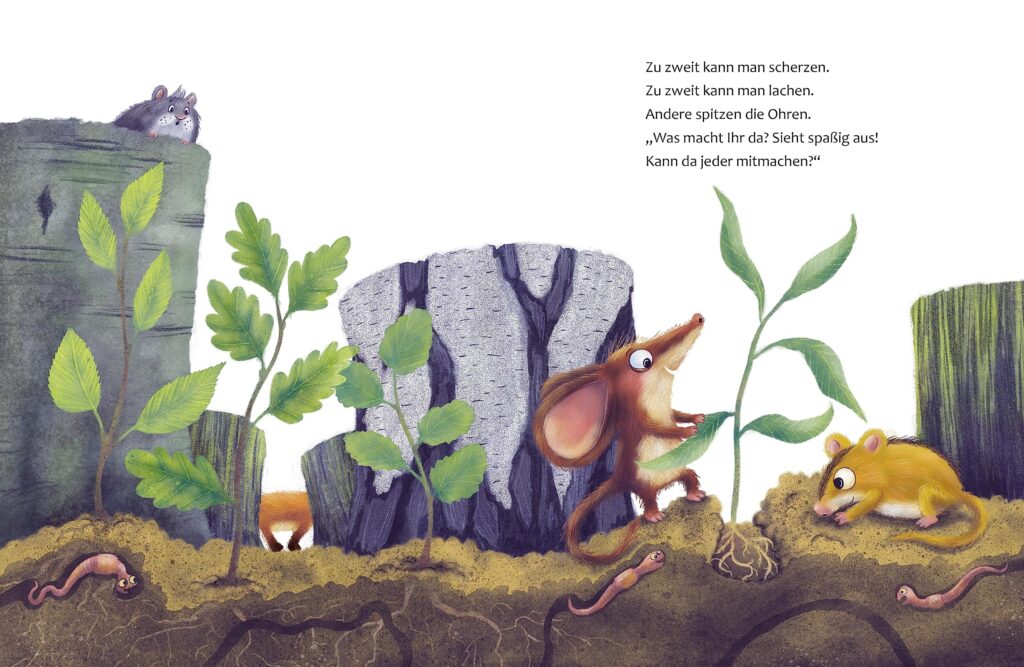 Ich habe einen Traum, sagte die kleine Waldmaus: Die Waldmaus hält eine Jungpflanze und ein zweites Mäuschen schiebt Erde