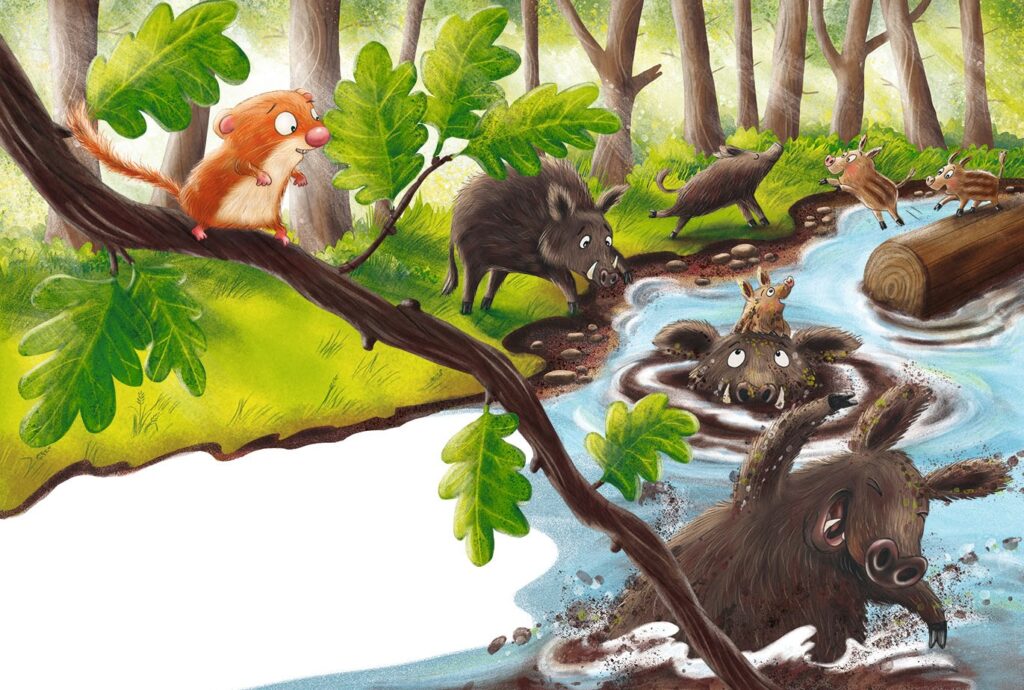 Oh, Schreck! Wer hat sich hier versteckt?: Haselmaus bei den Wildschweinen, die sich im Bach vergnügen