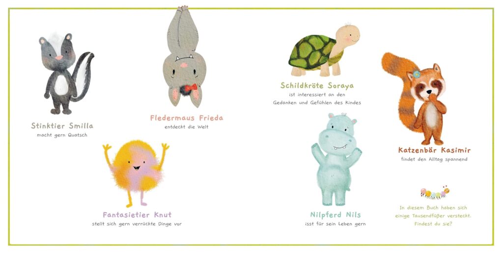 So bin ich – Neue Fragen und Abenteuer: Stinktier Smilla, Katzenbär Kasimir, Nilpferd Nils, Fantasietier Knut, Fledermaus Frieda und Schildkröte Soraya abgebildet und vorgestellt