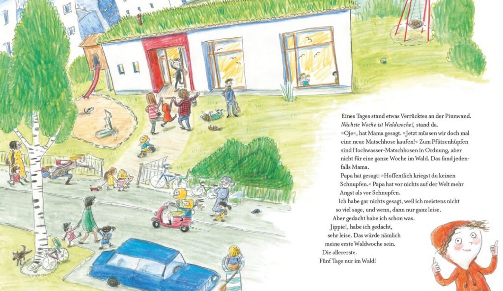 Waldtage! - Szene vor einem Kindergarten am Morgen neben Text