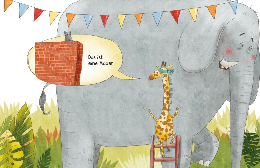 Was bin ich?: Giraffe mit verbundenen Augen befühlt einen Elefanten und denkt an eine Mauer