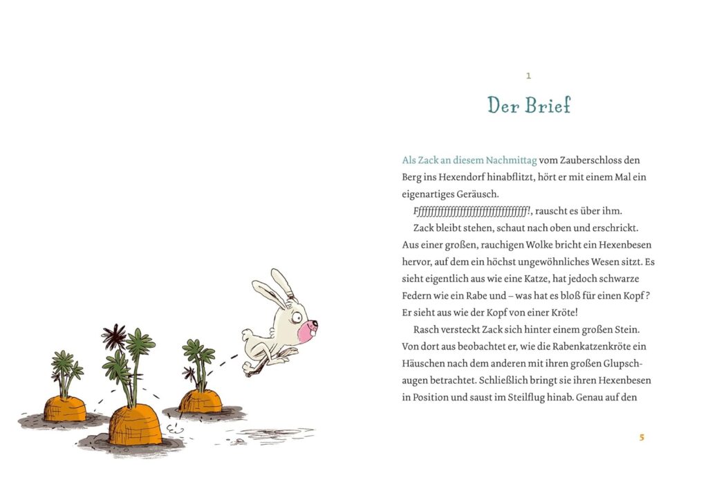 Coco und Zack – Im Internat der Hexentiere - Hase Zack hoppelt an Möhren vorbei auf den Text von Kapitel 1 