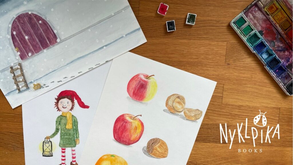 Weihnachtszeit und Wichtelzauber - Nyklpika Books: Gemalte Wichteltür, gemalter Wichtel und gemalte Äpfel und Nüsee neben Aquarellkasten