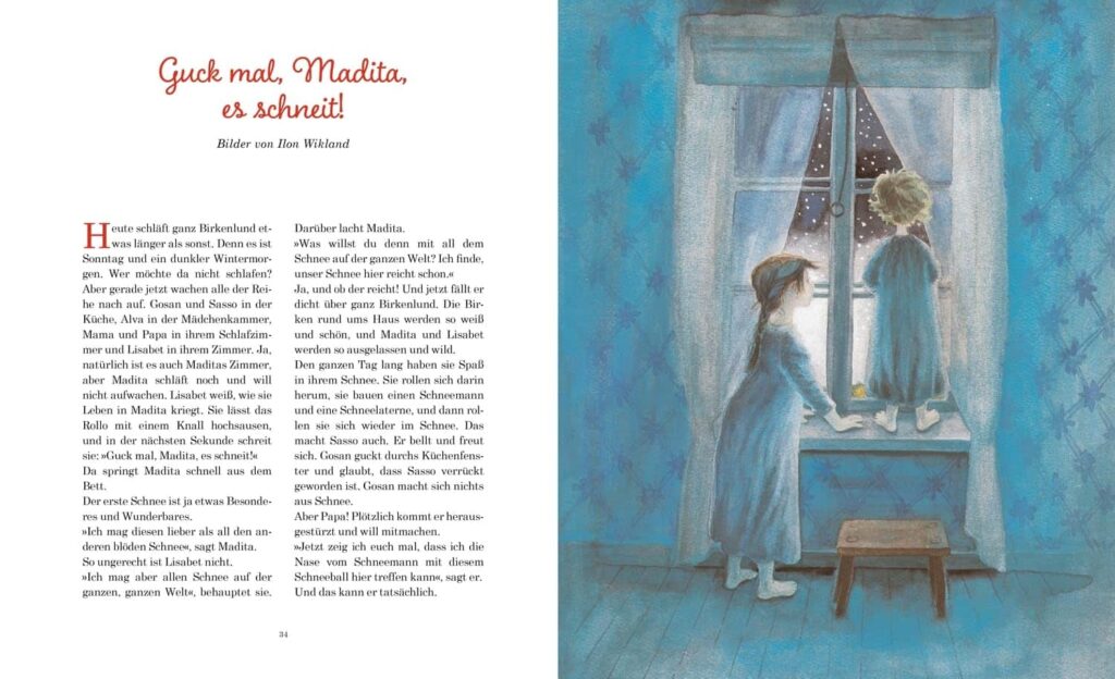 Die schönsten Weihnachtsgeschichten - Guck mal Madita, es schneit! - Zwei Kinder in Nachthemden am Fenster stehend neben Text