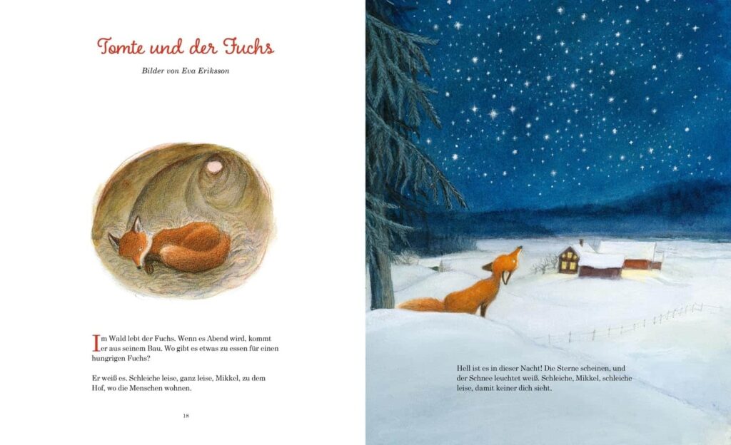 Die schönsten Weihnachtsgeschichten - Tomte und der Fuchs - Beginn der Geschichte mit einem Fuchs im Winter illustriert