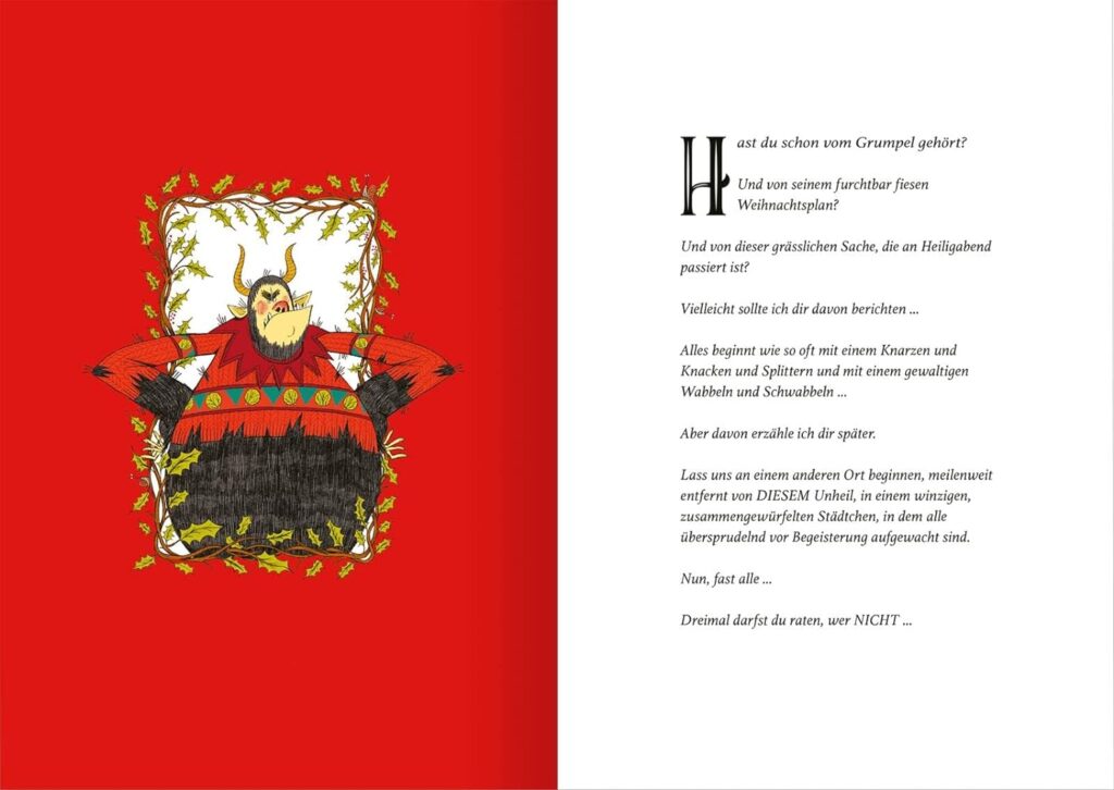Grumpel und der furchtbar fiese Weihnachtsplan - Grimmig guckender Grumpel im Rahmen an rotem Hintergrund neben Text