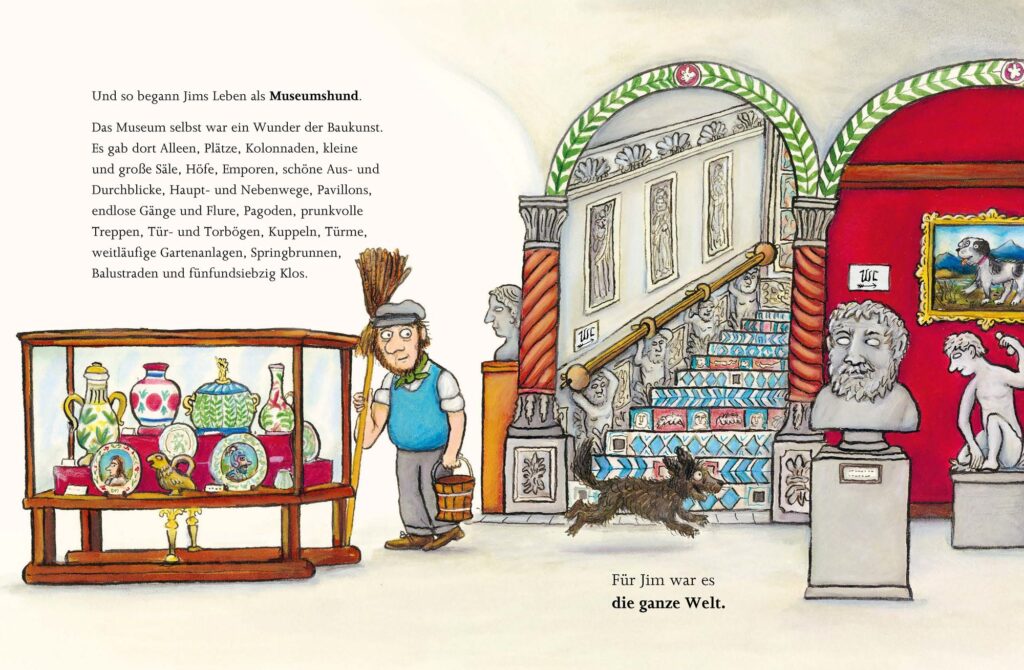 Jims brillante Weihnachten - Hund Jim läuft durchs Museum am Hausmeister vorbei