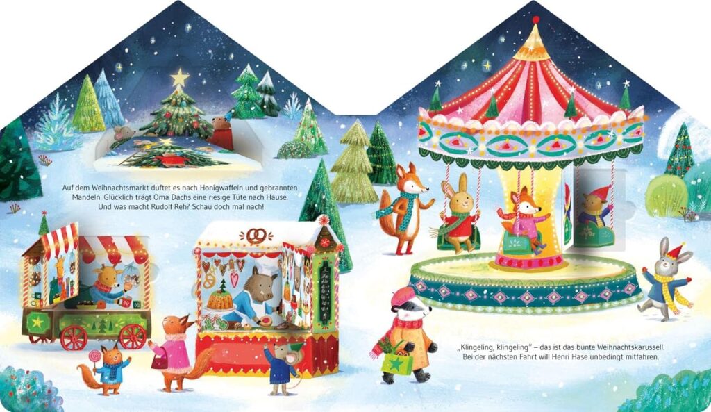 Meine kleine Weihnachtsstadt - Blick ins Buch auf den Weihnachtsmarkt mit zwei Ständen und Karussell
