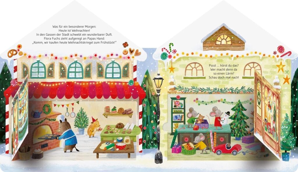 Meine kleine Weihnachtsstadt - Blick ins augeklappte Buch auf Baskstube und Spielzeugladen