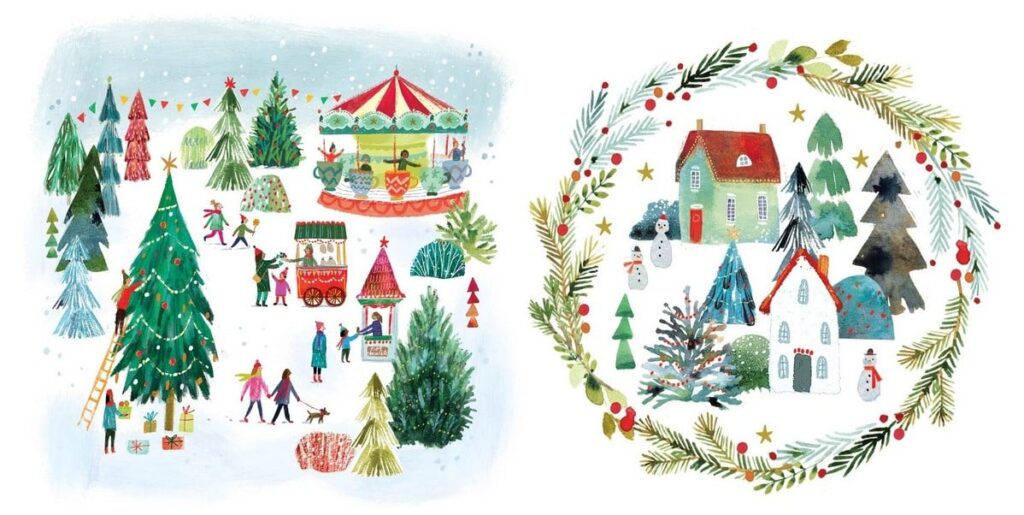 O du fröhliche!: Winterzeit mit Schnee, Tannengrün, festlichem Schmuck und Weihnachtsmarktszenen dargestellt